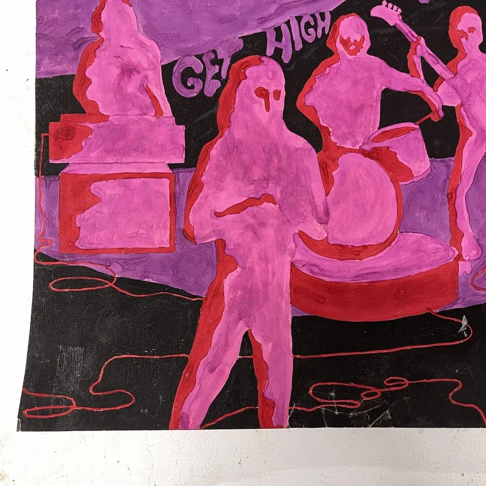 Vintage 1968 Psychedelic Band Drawing Get High On A Sound Pink Purple 15x18 OOAK